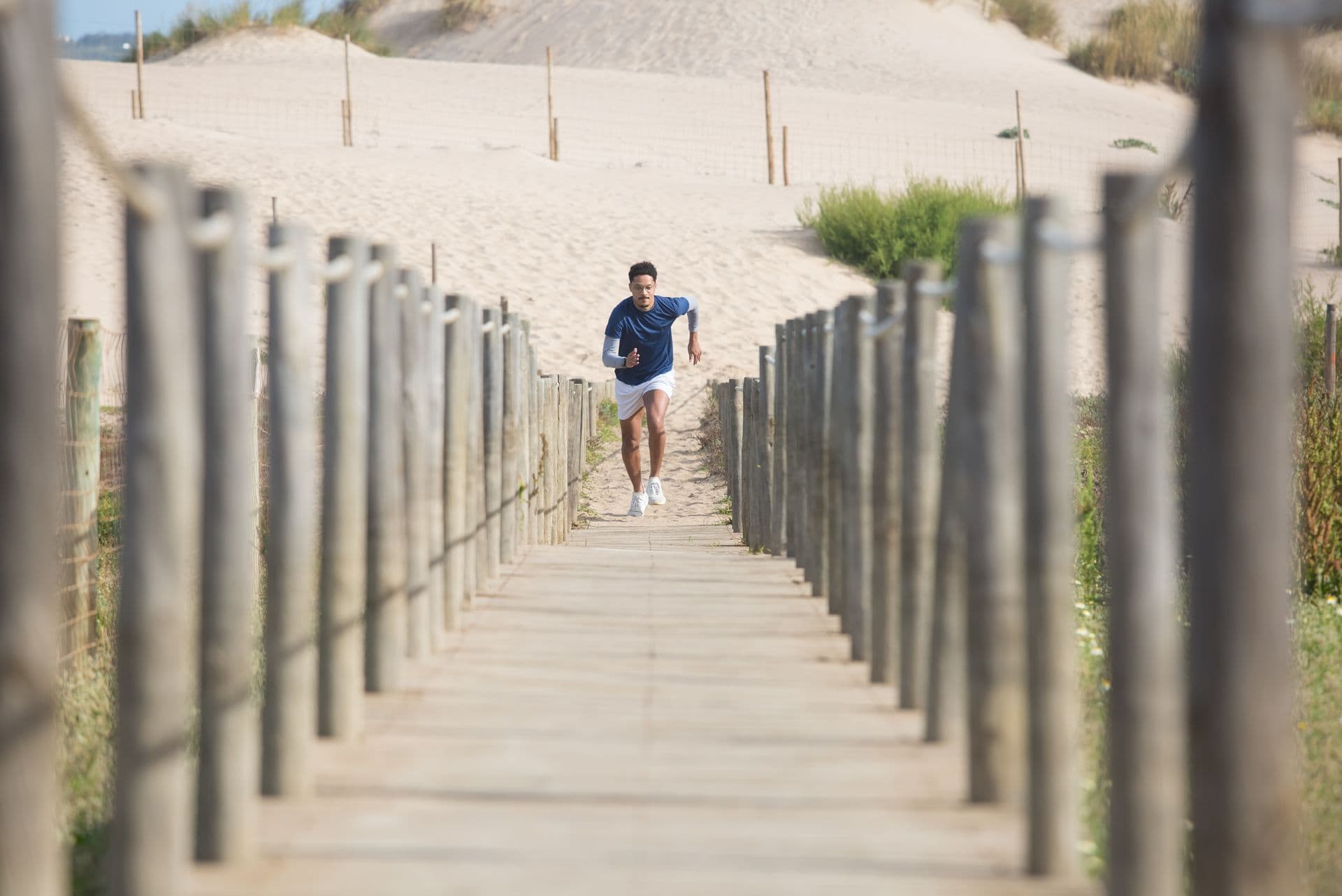 A healthy person running outdoors